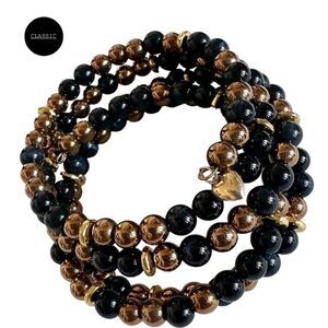 6mm Navy Tiger Eye & Bronze Hematite Wire Wrap Bracelet with Gold Spacers/Charm